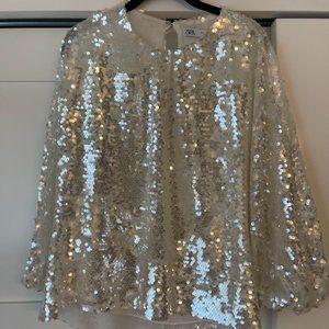 Zara white irredescent sequin blouse